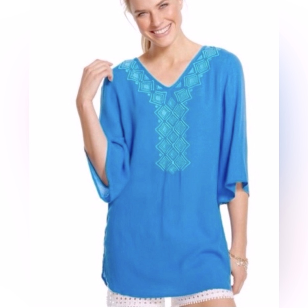 Lilly Pulitzer for Target Blue Embroidered 3/4 Sleeve Tunic Top Coverup size XL